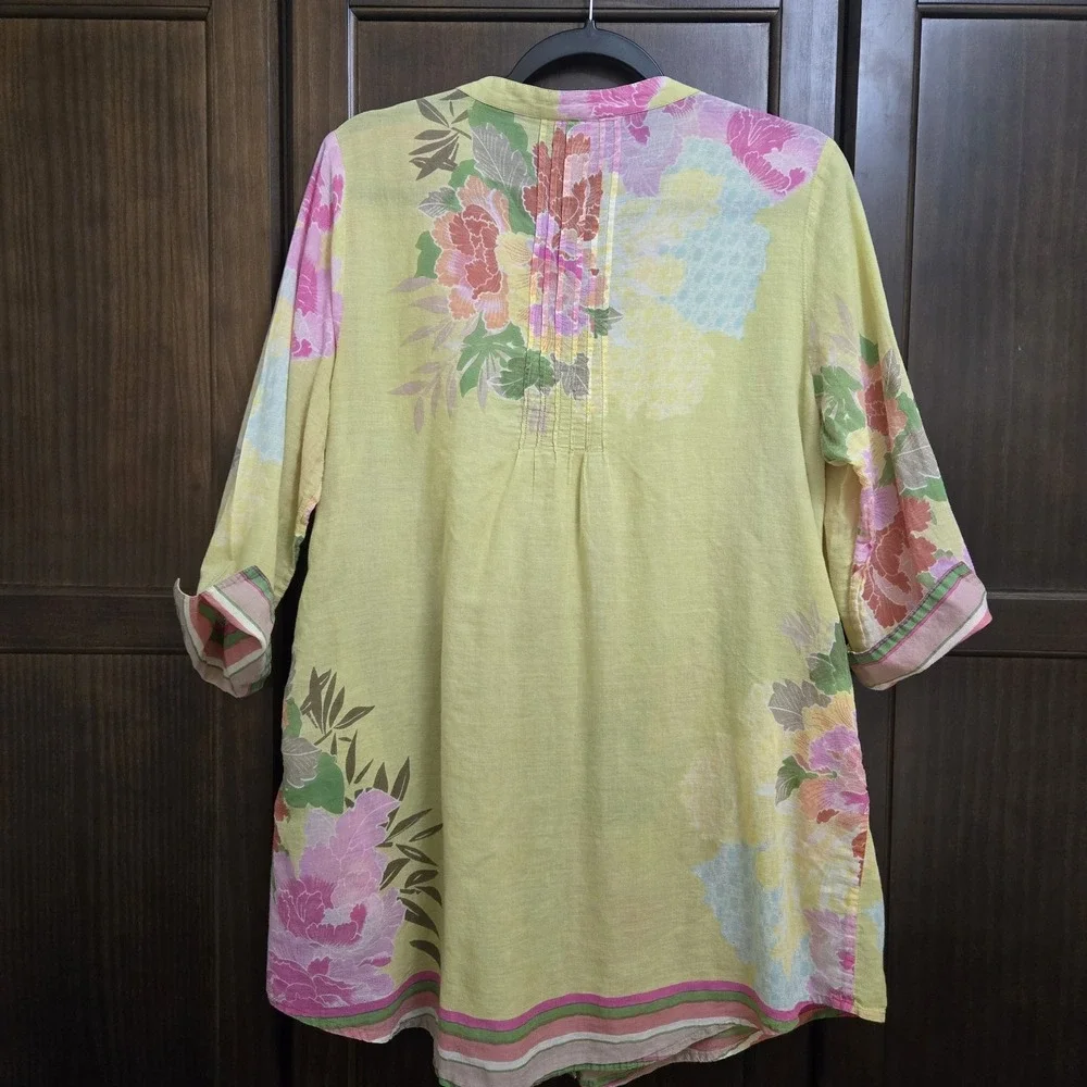 Sundance Floral Pintuck Pleated Button Up Tunic Top Boho Airy Artsy‎ Pockets L - Picture 12 of 16